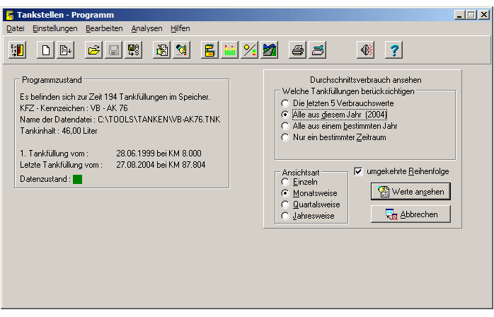 Die Auswahlmaske zur Anzeige der Verbrauchswerte Auswahlmaske für Verbrauchswert-Anzeige