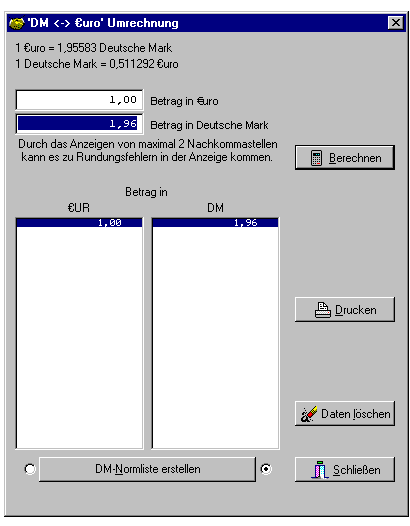 Ein typisches Umrechenblatt - hier z.B. die "DM<->Euro"-Umrechnung Typisches Umrechen-Blatt