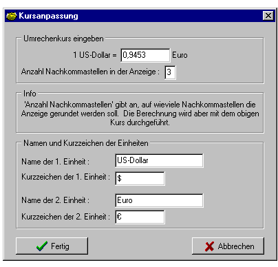 Feld zur Kursanpassung Anpassung des Umrechen-Kurses